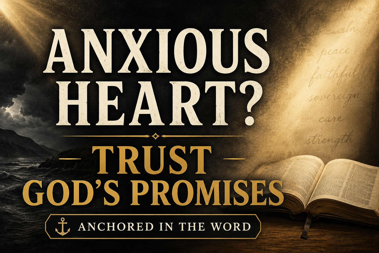 A dramatic podcast thumbnail for Anchored in the Word featuring the words “ANXIOUS HEART? TRUST GOD’S PROMISES” in large cream and gold serif typography over a dark stormy background with soft golden light breaking through the darkness. An open Bible rests in the lower right corner, symbolizing hope and peace through God’s Word. The design uses deep charcoal tones, parchment textures, and a calm pastoral atmosphere.