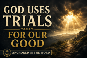 Anchored in the Word episode graphic titled “God Uses Trials for Our Good” featuring dramatic storm clouds with golden sunlight breaking through over a mountain path, cream serif typography, dark cinematic background, and a hopeful pastoral design style.