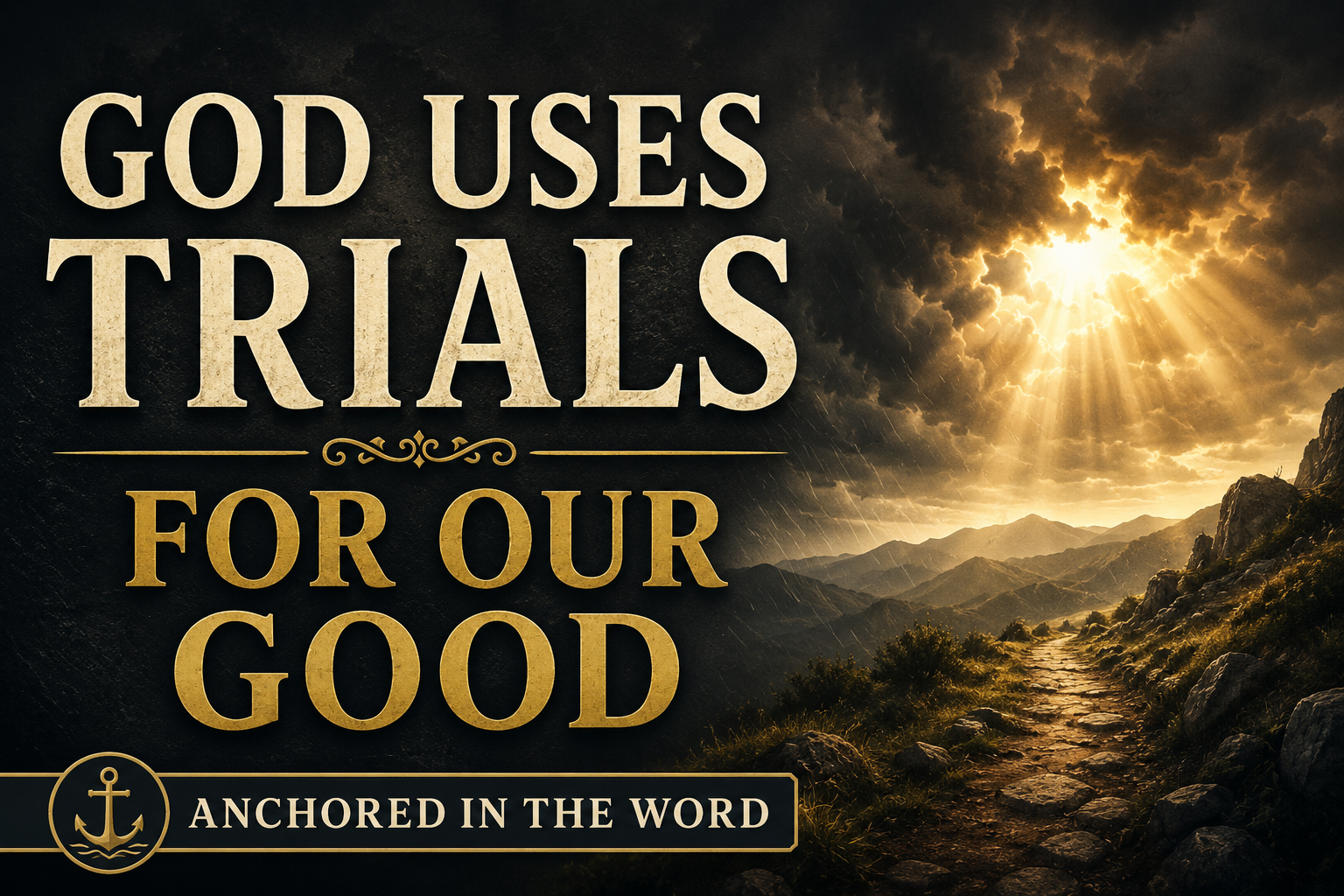 Anchored in the Word episode graphic titled “God Uses Trials for Our Good” featuring dramatic storm clouds with golden sunlight breaking through over a mountain path, cream serif typography, dark cinematic background, and a hopeful pastoral design style.