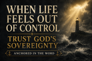 Anchored in the Word podcast thumbnail featuring the title ‘When Life Feels Out of Control — Trust God’s Sovereignty’ in large cream and gold serif typography over a dark stormy ocean scene with crashing waves and a lighthouse illuminated by golden light, symbolizing God’s guidance and sovereignty during life’s chaos.
