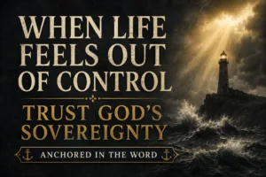 Anchored in the Word podcast thumbnail featuring the title ‘When Life Feels Out of Control — Trust God’s Sovereignty’ in large cream and gold serif typography over a dark stormy ocean scene with crashing waves and a lighthouse illuminated by golden light, symbolizing God’s guidance and sovereignty during life’s chaos.