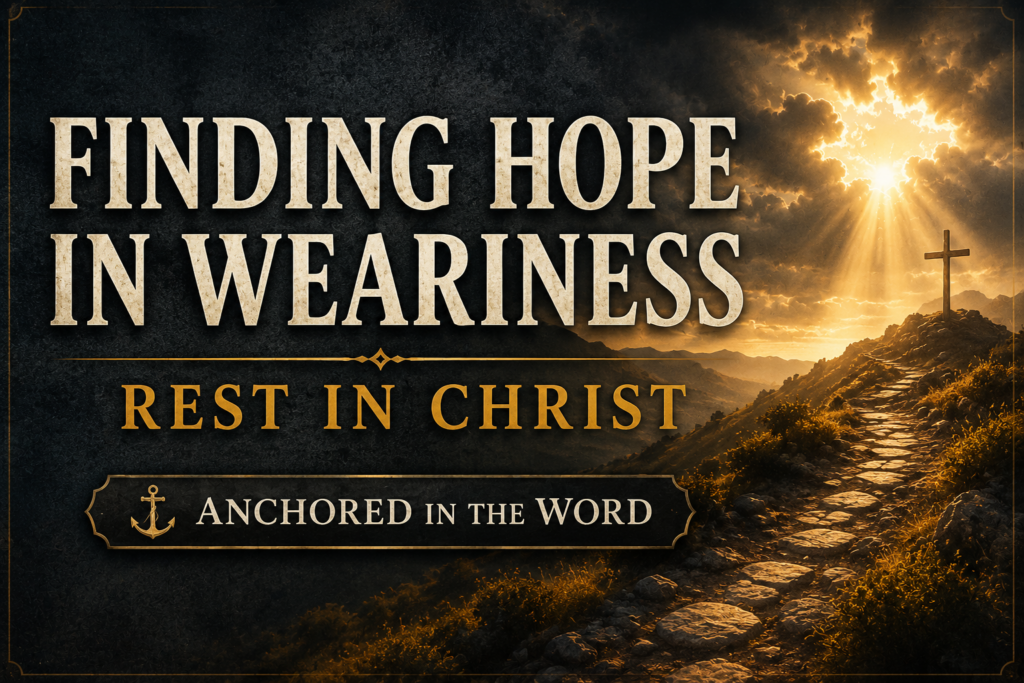 Finding Hope in Spiritual Weariness 3 Alt text: A dramatic Christian podcast thumbnail for “Anchored in the Word” featuring a dark charcoal textured background with golden sunlight breaking through storm clouds over a mountain path leading to a cross. Large cream serif text reads “Finding Hope in Weariness” with gold text below reading “Rest in Christ.” The design conveys hope, perseverance, spiritual renewal, and resting in Christ during seasons of discouragement.