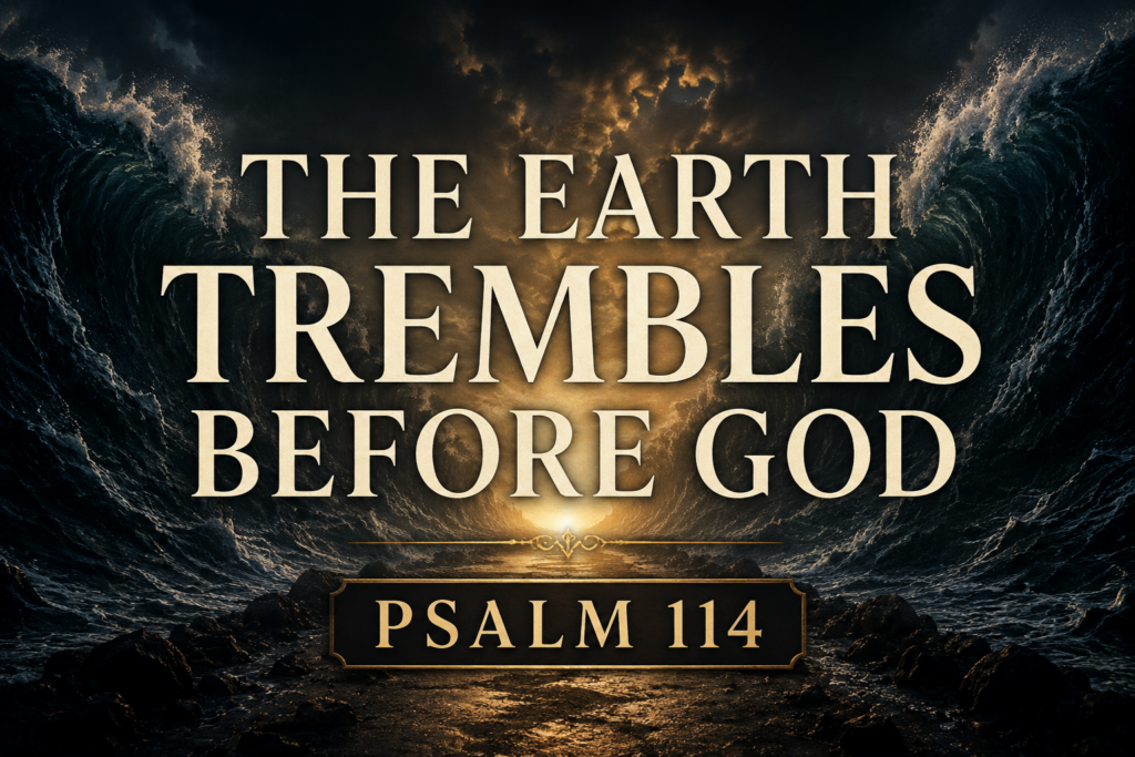 Psalm 114 Explained: The God Who Redeems and Rules Creation 1 Psalm 114 episode thumbnail featuring dark ocean-blue waves parted beneath a glowing gold horizon with cream serif text reading ‘THE EARTH TREMBLES BEFORE GOD’ and ‘PSALM 114.’ The design has a majestic, reverent tone with dramatic lighting and centered composition.