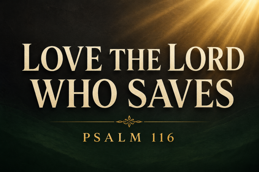 Alt text: Thumbnail for Reading the Bible Daily with Dave featuring the words “Love the Lord Who Saves” in large cream serif typography over a deep charcoal and dark forest-green background with soft gold light beams shining from the upper corner and “Psalm 116” centered below in gold text.