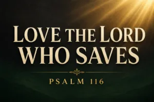 Alt text: Thumbnail for Reading the Bible Daily with Dave featuring the words “Love the Lord Who Saves” in large cream serif typography over a deep charcoal and dark forest-green background with soft gold light beams shining from the upper corner and “Psalm 116” centered below in gold text.