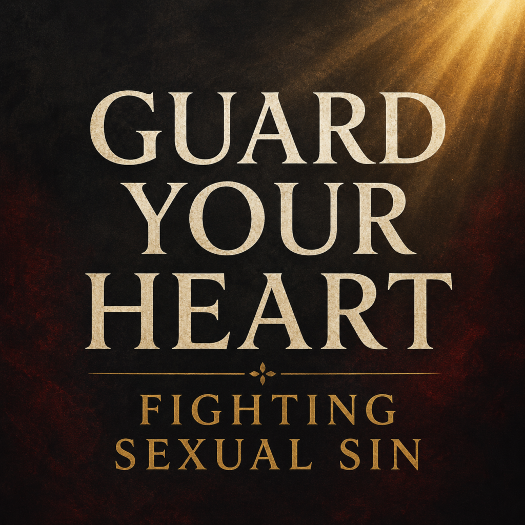 The Battle for the Heart: Fighting Sexual Sin Biblically 3 Alt text: Warriors of Grace podcast thumbnail featuring the words “Guard Your Heart” in large cream serif typography over a deep charcoal and dark crimson textured background with soft gold light in the upper corner and the subtitle “Fighting Sexual Sin” in muted gold lettering.