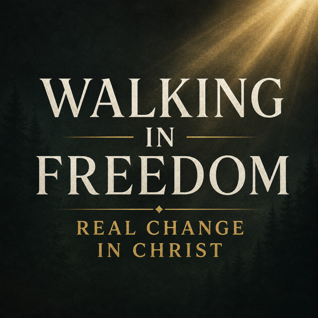 Walking in Freedom from Sexual Sin” Warriors of Grace podcast thumbnail with cream serif text on a dark charcoal and forest-green background with soft gold lighting.