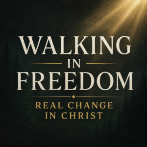 Walking in Freedom from Sexual Sin” Warriors of Grace podcast thumbnail with cream serif text on a dark charcoal and forest-green background with soft gold lighting.
