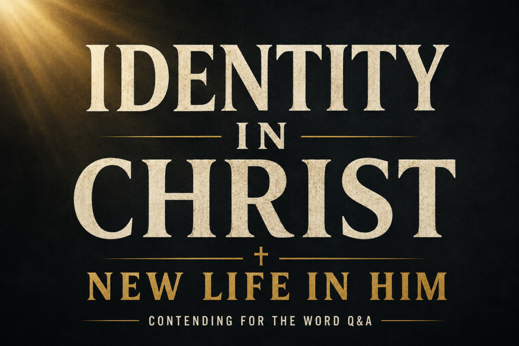 Podcast thumbnail for Contending for the Word Q&A featuring the words ‘IDENTITY IN CHRIST’ in large cream serif typography on a deep charcoal background with soft gold light in the upper corner. Below the title is the phrase ‘NEW LIFE IN HIM’ in muted gold lettering with a small gold cross between divider lines. Clean, pastoral, high-contrast design with no people or faces.