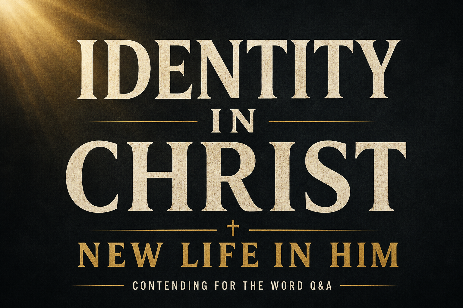 Podcast thumbnail for Contending for the Word Q&A featuring the words ‘IDENTITY IN CHRIST’ in large cream serif typography on a deep charcoal background with soft gold light in the upper corner. Below the title is the phrase ‘NEW LIFE IN HIM’ in muted gold lettering with a small gold cross between divider lines. Clean, pastoral, high-contrast design with no people or faces.