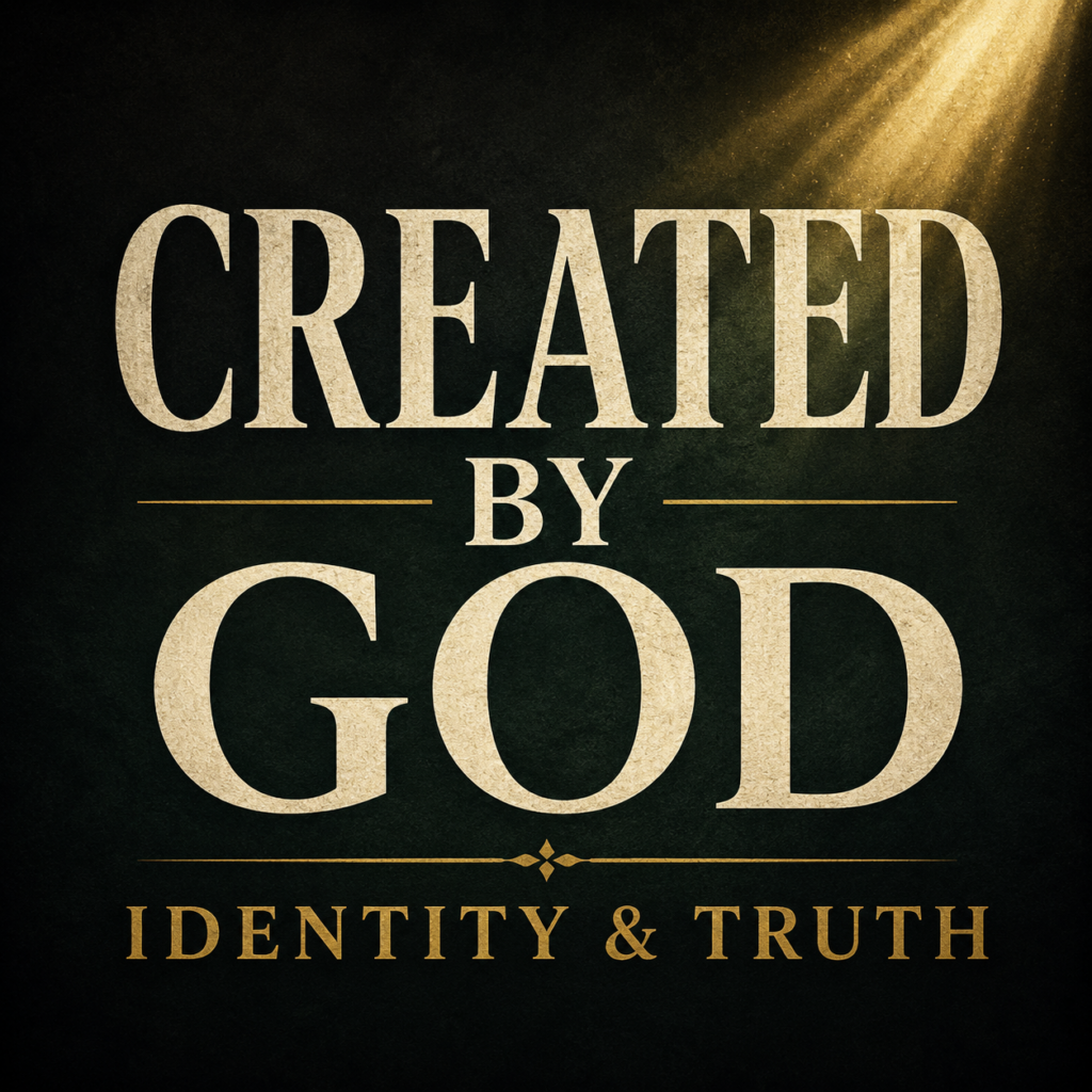 Why Creation Matters for Identity 3 Thumbnail for the Contending for the Word Q&A podcast episode “Created by God” featuring large cream serif text on a deep charcoal and dark forest-green background with soft golden light streaming from the upper corner and the subtitle “Identity & Truth” in muted gold.