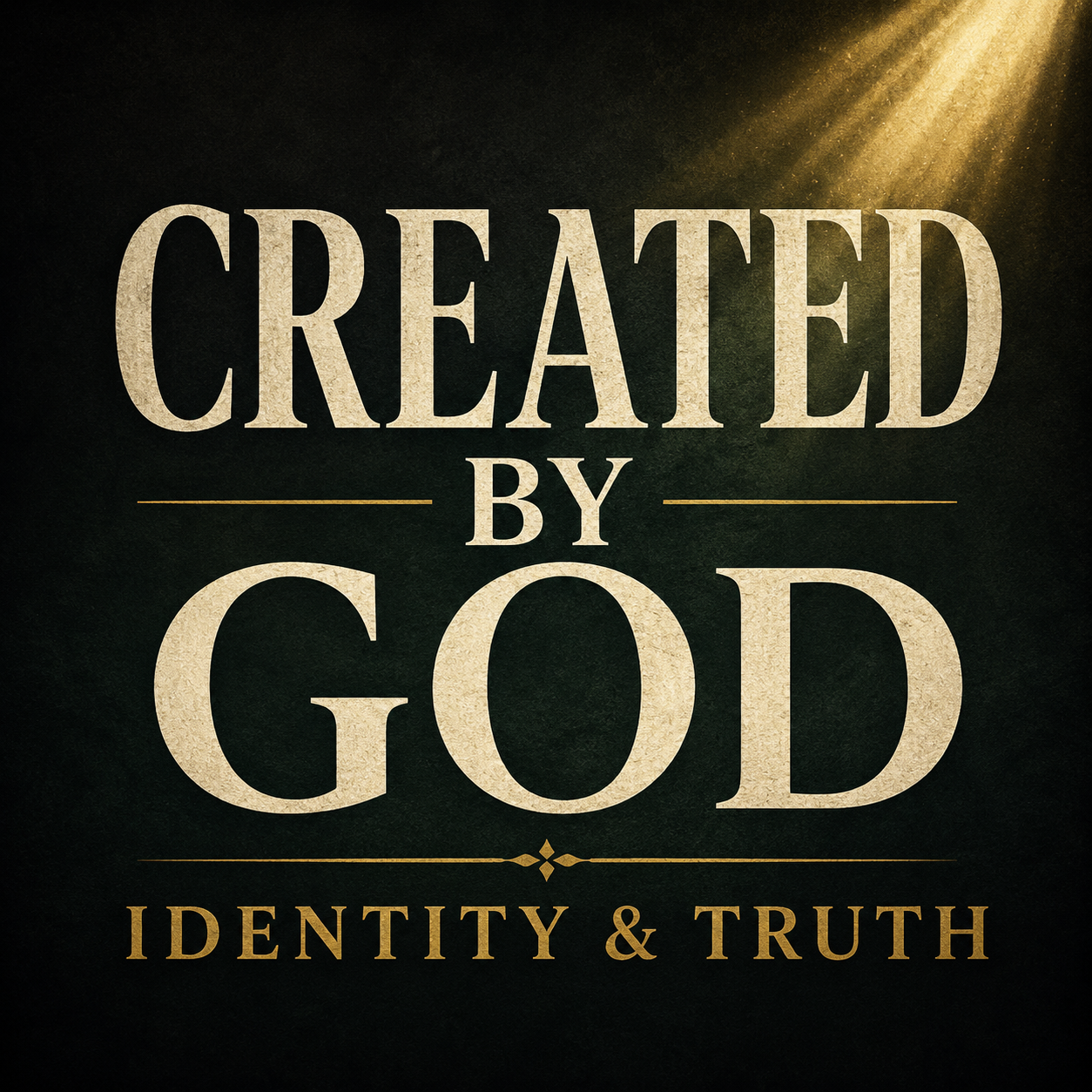 Thumbnail for the Contending for the Word Q&A podcast episode “Created by God” featuring large cream serif text on a deep charcoal and dark forest-green background with soft golden light streaming from the upper corner and the subtitle “Identity & Truth” in muted gold.