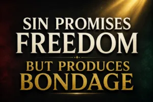A dramatic sermon-style graphic with large cream serif text reading “SIN PROMISES FREEDOM” above muted gold text reading “BUT PRODUCES BONDAGE.” The background is deep charcoal with subtle dark crimson and forest-green undertones, illuminated by a soft golden light beam from the upper corner. The design has a serious pastoral tone with minimal texture and strong centered typography.