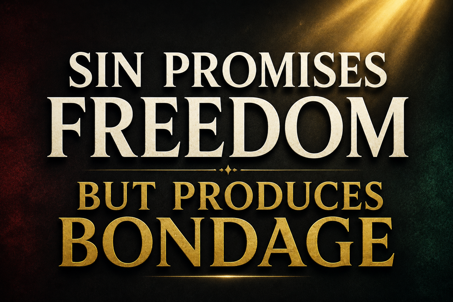 A dramatic sermon-style graphic with large cream serif text reading “SIN PROMISES FREEDOM” above muted gold text reading “BUT PRODUCES BONDAGE.” The background is deep charcoal with subtle dark crimson and forest-green undertones, illuminated by a soft golden light beam from the upper corner. The design has a serious pastoral tone with minimal texture and strong centered typography.