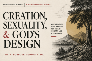 Editorial-style thumbnail for Equipping You in Grace featuring the large serif headline “Creation, Sexuality, & God’s Design” on a warm parchment background with red accent text, accompanied by an engraved landscape illustration of a large tree, mountains, and water. Smaller text reads “Why creation still matters for human identity and flourishing” and “Truth. Purpose. Flourishing.
