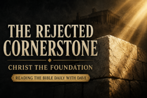 Alt text: Dramatic Psalm 118-themed graphic featuring a massive illuminated cornerstone against a deep charcoal textured background with soft golden light beams shining from above. Cream serif typography reads “THE REJECTED CORNERSTONE” with “CHRIST THE FOUNDATION” below and a small banner reading “READING THE BIBLE DAILY WITH DAVE.” A subtle temple silhouette appears in the background, creating a reverent and cinematic atmosphere.