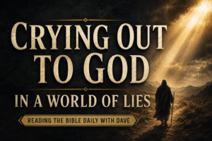 A dark charcoal textured background featuring a lone shadowed desert traveler walking beneath dramatic storm clouds and a golden beam of light, with large cream serif text reading “Crying Out to God in a World of Lies” and a banner that says “Reading the Bible Daily with Dave.