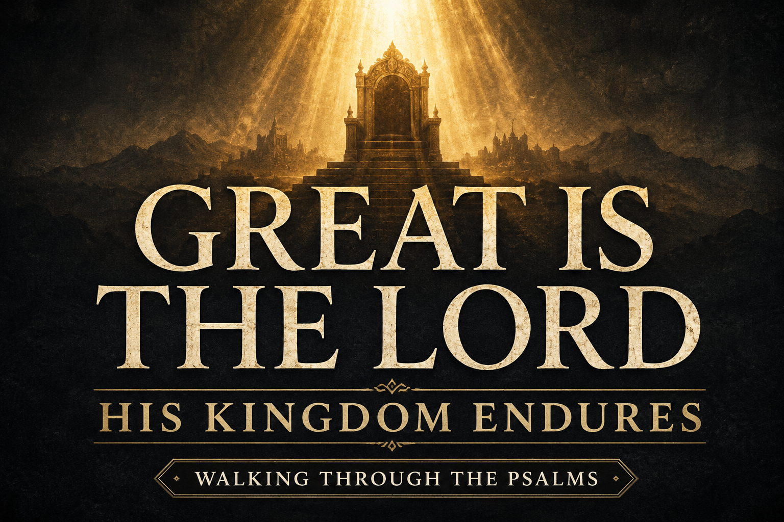 Psalm 145 sermon thumbnail featuring cream serif text reading ‘Great Is the Lord’ and ‘His Kingdom Endures’ over a deep charcoal textured background with golden light beams shining down on a distant throne silhouette, surrounded by subtle mountains and a kingdom horizon in a reverent and majestic atmosphere.