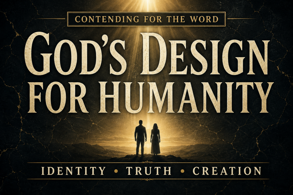 God’s Design for Men and Women: Identity, Creation, and Biblical Truth 1 A dark charcoal textured podcast thumbnail with large cream serif text reading “God’s Design for Humanity,” illuminated by soft golden light beams from above. Two faint human silhouettes stand beneath the light against a subtle cracked stone background. The banner reads “Contending for the Word,” with the words “Identity • Truth • Creation” along the bottom.
