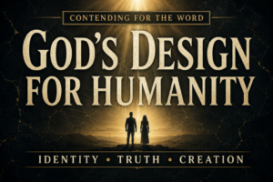 A dark charcoal textured podcast thumbnail with large cream serif text reading “God’s Design for Humanity,” illuminated by soft golden light beams from above. Two faint human silhouettes stand beneath the light against a subtle cracked stone background. The banner reads “Contending for the Word,” with the words “Identity • Truth • Creation” along the bottom.