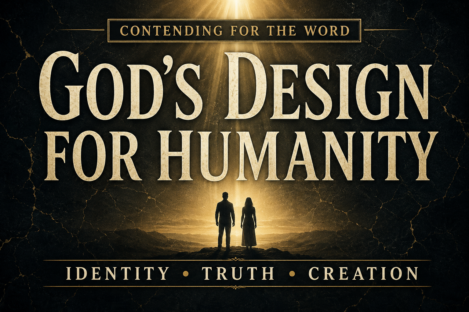 A dark charcoal textured podcast thumbnail with large cream serif text reading “God’s Design for Humanity,” illuminated by soft golden light beams from above. Two faint human silhouettes stand beneath the light against a subtle cracked stone background. The banner reads “Contending for the Word,” with the words “Identity • Truth • Creation” along the bottom.