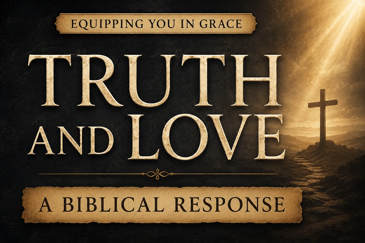 A dark charcoal textured podcast thumbnail featuring large cream serif text reading “TRUTH AND LOVE” with “A BIBLICAL RESPONSE” below on a parchment-style banner. A soft golden light shines from the upper right corner onto a distant cross silhouette standing on a rocky hill. The banner at the top reads “EQUIPPING YOU IN GRACE.” The overall atmosphere is warm, reverent, and serious with strong contrast for readability.