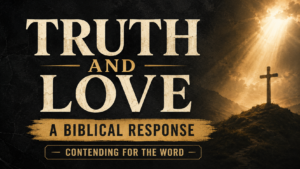 A dark charcoal textured podcast thumbnail with cream serif text reading “Truth and Love” and “A Biblical Response,” featuring soft golden light beams and a subtle cross silhouette in the background for the Contending for the Word podcast.
