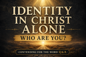 Contending for the Word Q&A podcast thumbnail featuring the title “Identity in Christ Alone” in large cream serif text above the subtitle “Who Are You?” A stone pathway leads toward a bright horizon beneath descending golden light, set against a deep charcoal textured background with warm parchment tones and muted gold accents, conveying hope, stability, and a Christ-centered identity.