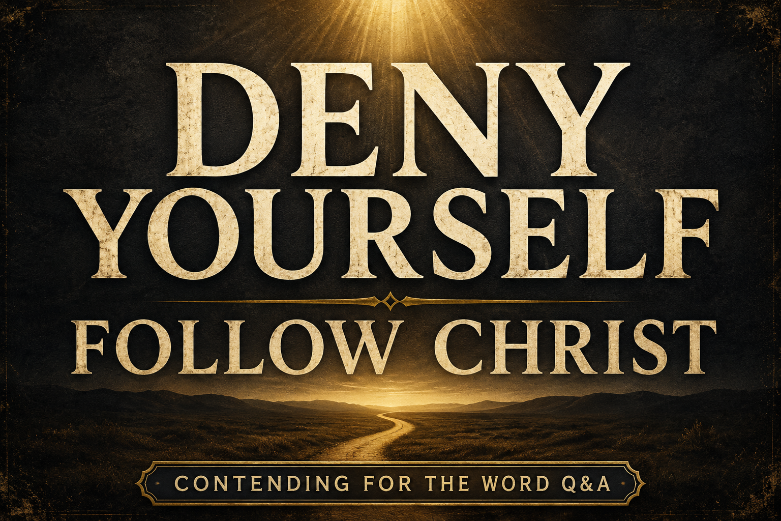 Contending for the Word Q&A thumbnail featuring the words "Deny Yourself, Follow Christ" in cream serif typography over a dark charcoal textured background with soft golden light and a subtle pathway leading toward the horizon.