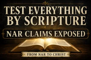 A dark charcoal textured thumbnail featuring an open Bible illuminated by a warm golden light. Large cream serif text reads “TEST EVERYTHING BY SCRIPTURE,” with “NAR CLAIMS EXPOSED” displayed beneath it in bold lettering. A small banner at the bottom reads “FROM NAR TO CHRIST.” The design uses muted gold accents, parchment-style textures, and a serious, discerning atmosphere focused on biblical authority and discernment.