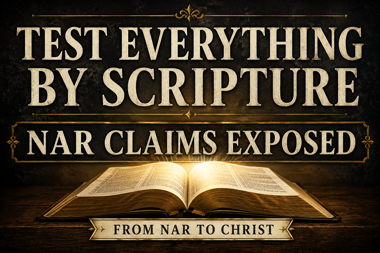 A dark charcoal textured thumbnail featuring an open Bible illuminated by a warm golden light. Large cream serif text reads “TEST EVERYTHING BY SCRIPTURE,” with “NAR CLAIMS EXPOSED” displayed beneath it in bold lettering. A small banner at the bottom reads “FROM NAR TO CHRIST.” The design uses muted gold accents, parchment-style textures, and a serious, discerning atmosphere focused on biblical authority and discernment.