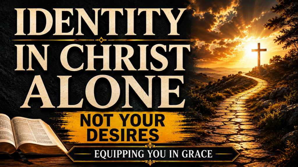 Equipping You in Grace thumbnail featuring the title "Identity in Christ Alone" in large cream serif lettering over a dark charcoal textured background. A golden banner reads "Not Your Desires." An open Bible rests in the lower-left corner, while a sunlit pathway leads toward a cross on the horizon beneath a dramatic golden sky. The image emphasizes that a believer's identity is found in Jesus Christ rather than personal desires or feelings.