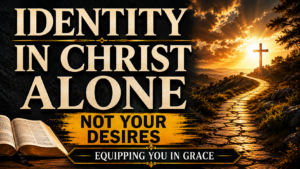 Equipping You in Grace thumbnail featuring the title "Identity in Christ Alone" in large cream serif lettering over a dark charcoal textured background. A golden banner reads "Not Your Desires." An open Bible rests in the lower-left corner, while a sunlit pathway leads toward a cross on the horizon beneath a dramatic golden sky. The image emphasizes that a believer's identity is found in Jesus Christ rather than personal desires or feelings.
