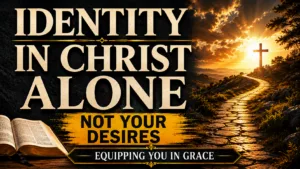 Equipping You in Grace thumbnail featuring the title "Identity in Christ Alone" in large cream serif lettering over a dark charcoal textured background. A golden banner reads "Not Your Desires." An open Bible rests in the lower-left corner, while a sunlit pathway leads toward a cross on the horizon beneath a dramatic golden sky. The image emphasizes that a believer's identity is found in Jesus Christ rather than personal desires or feelings.