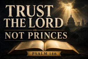 A dramatic Psalm 146 sermon thumbnail featuring an open Bible illuminated by golden light in the foreground. Large cream-colored serif text reads “TRUST THE LORD” and “NOT PRINCES.” In the background, a dark city skyline and government building silhouette fade beneath rays of sunlight breaking through storm clouds. A banner at the bottom reads “PSALM 146.” The design emphasizes trusting God's eternal reign rather than human rulers.
