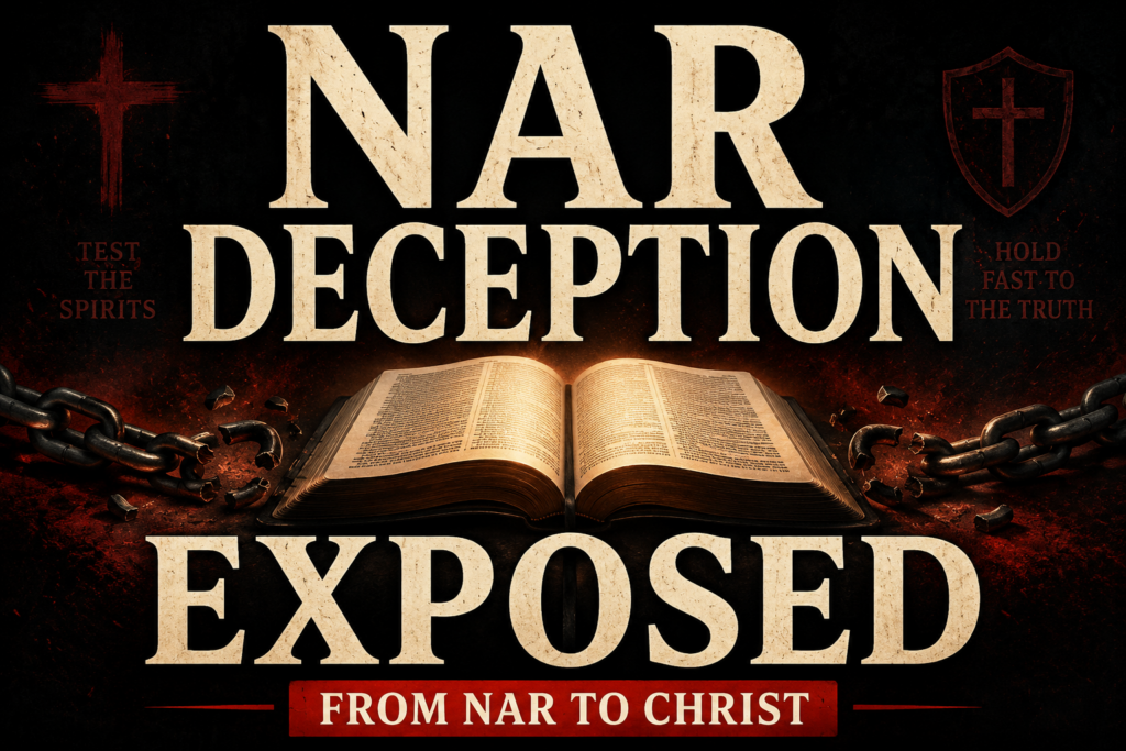 Exposing NAR Deception: Deliverance Abuse, Marine Spirits, and False Prophets 4 A dramatic Christian discernment-themed thumbnail featuring an open illuminated Bible at the center against a deep charcoal textured background. Large cream-colored serif text reads “NAR DECEPTION” above the Bible and “EXPOSED” below it. Broken chains lie on both sides of the Bible, symbolizing freedom from deception. A subtle red warning glow surrounds the scene, with a faint cross on the left and a shield with a cross on the right. A red banner at the bottom reads “FROM NAR TO CHRIST.” The overall design conveys biblical truth, spiritual discernment, and exposure of false teaching.