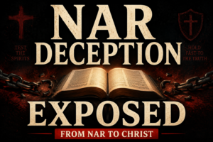 A dramatic Christian discernment-themed thumbnail featuring an open illuminated Bible at the center against a deep charcoal textured background. Large cream-colored serif text reads “NAR DECEPTION” above the Bible and “EXPOSED” below it. Broken chains lie on both sides of the Bible, symbolizing freedom from deception. A subtle red warning glow surrounds the scene, with a faint cross on the left and a shield with a cross on the right. A red banner at the bottom reads “FROM NAR TO CHRIST.” The overall design conveys biblical truth, spiritual discernment, and exposure of false teaching.