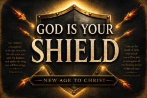 A dark charcoal textured background featuring a large illuminated shield outlined in gold at the center, deflecting fiery arrows from multiple directions. Warm golden light radiates behind the shield, emphasizing God's protection during spiritual warfare. The title "GOD IS YOUR SHIELD" appears in large cream serif lettering, with a banner below reading "NEW AGE TO CHRIST." The design uses gold accents, a parchment-style texture, and a dramatic, faith-centered atmosphere with no people shown.