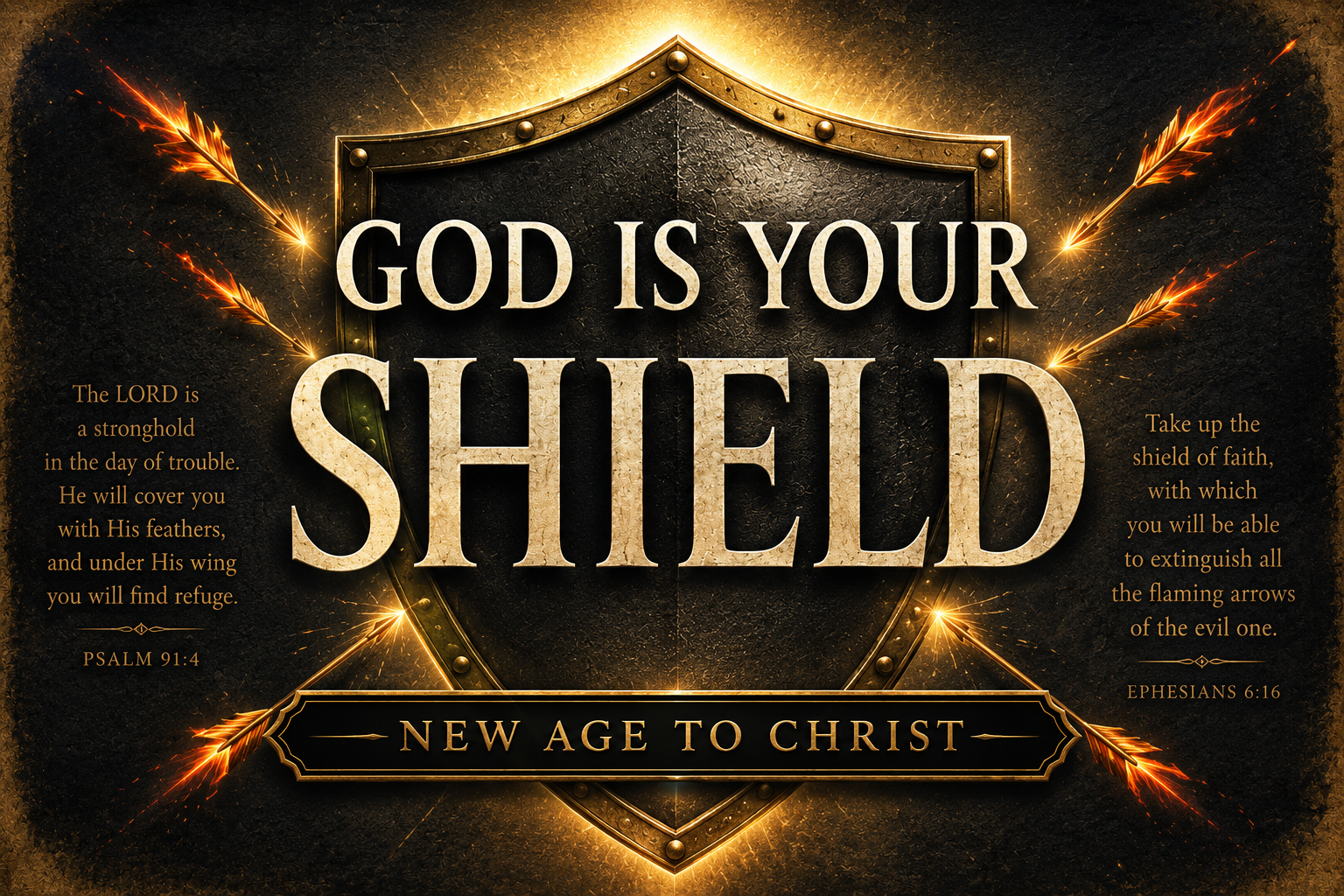 A dark charcoal textured background featuring a large illuminated shield outlined in gold at the center, deflecting fiery arrows from multiple directions. Warm golden light radiates behind the shield, emphasizing God's protection during spiritual warfare. The title "GOD IS YOUR SHIELD" appears in large cream serif lettering, with a banner below reading "NEW AGE TO CHRIST." The design uses gold accents, a parchment-style texture, and a dramatic, faith-centered atmosphere with no people shown.