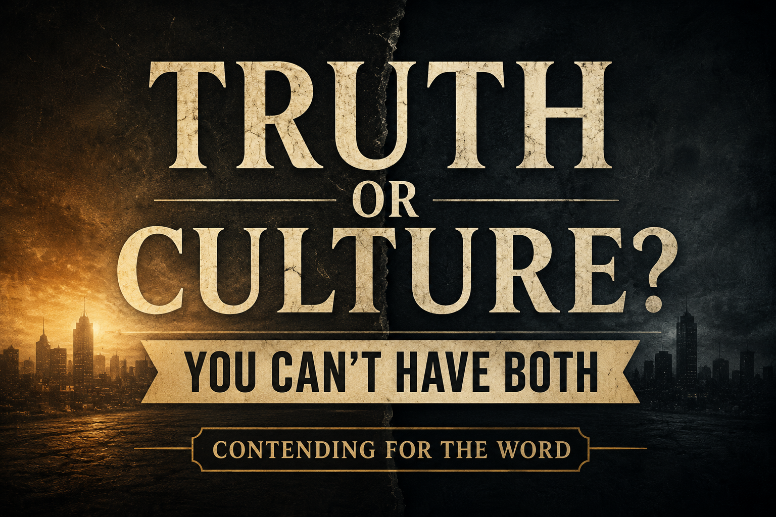 A dramatic Christian podcast thumbnail featuring the words "TRUTH OR CULTURE?" in large cream-colored serif lettering against a deep charcoal textured background. A subtle vertical divide separates warm golden light on the left from darker shadows on the right, symbolizing competing worldviews. A fading city skyline appears along the bottom, partially illuminated by a golden glow. Beneath the main title is the subtitle "YOU CAN'T HAVE BOTH" in bold lettering, with "CONTENDING FOR THE WORD" displayed in a banner at the bottom. The overall design conveys biblical conviction, discernment, and the contrast between God's truth and cultural influence.