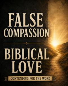 Contending for the Word thumbnail featuring the words "False Compassion" and "Biblical Love" over a dark textured background with a pathway leading toward warm golden light, emphasizing truth, compassion, and biblical discernment.