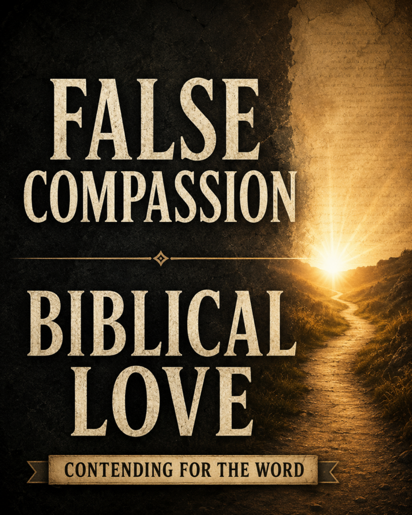 False Compassion vs. Biblical Love 1 Contending for the Word thumbnail featuring the words "False Compassion" and "Biblical Love" over a dark textured background with a pathway leading toward warm golden light, emphasizing truth, compassion, and biblical discernment.