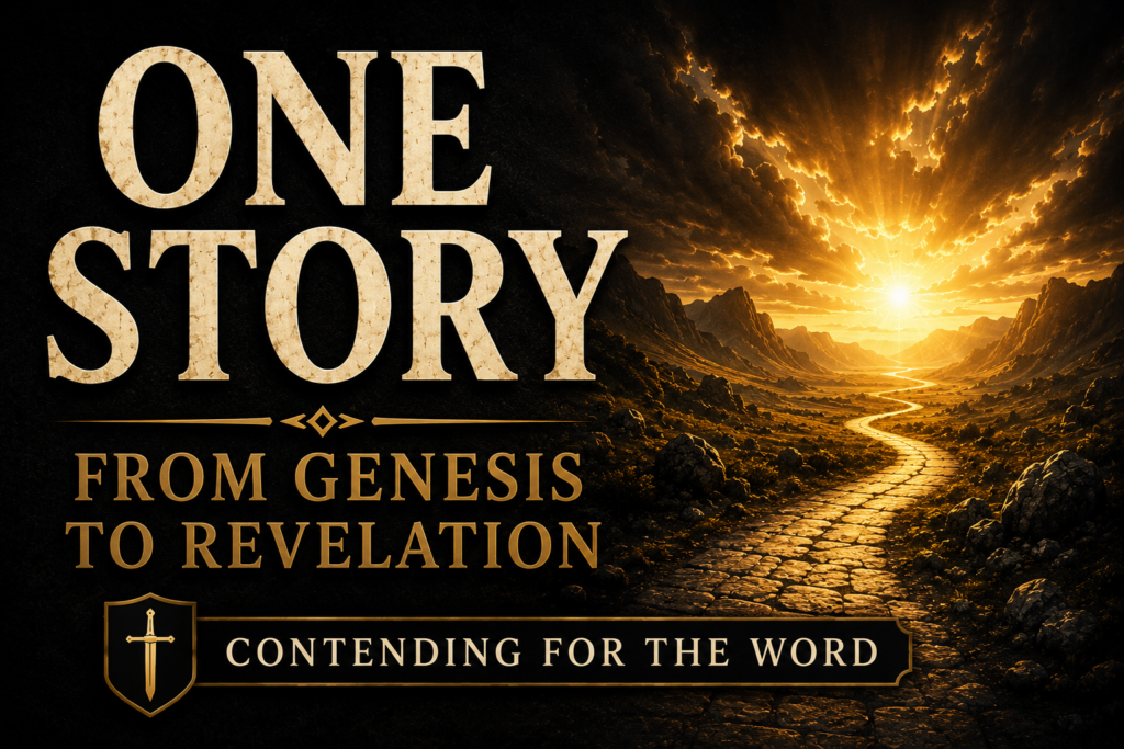 Biblical Sexuality and the Story of Scripture: Creation, Fall, Redemption, and Consummation 1 A Contending for the Word podcast thumbnail featuring the words “ONE STORY” and “FROM GENESIS TO REVELATION” in large cream serif lettering against a deep charcoal textured background. A winding stone pathway leads through a rugged mountain valley toward a brilliant golden sunrise on the horizon, symbolizing the unified storyline of Scripture from creation to final redemption. The Contending for the Word banner appears at the bottom in gold and black, emphasizing biblical theology and God's unfolding plan throughout the Bible.