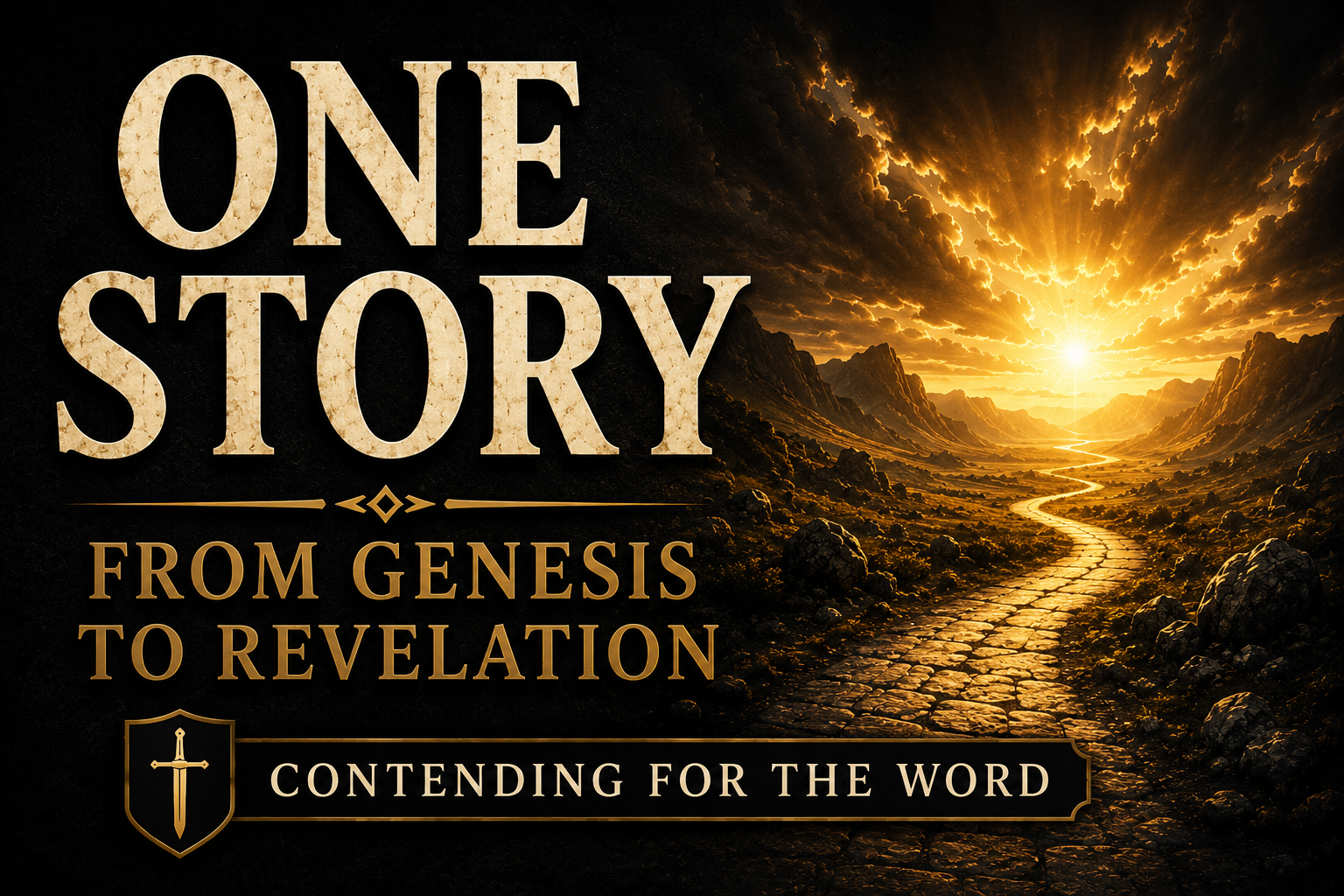 A Contending for the Word podcast thumbnail featuring the words “ONE STORY” and “FROM GENESIS TO REVELATION” in large cream serif lettering against a deep charcoal textured background. A winding stone pathway leads through a rugged mountain valley toward a brilliant golden sunrise on the horizon, symbolizing the unified storyline of Scripture from creation to final redemption. The Contending for the Word banner appears at the bottom in gold and black, emphasizing biblical theology and God's unfolding plan throughout the Bible.