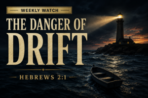 Thumbnail for Contending for the Word Weekly Watch episode, "The Danger of Spiritual Drift." A small boat drifts across dark ocean waters at dusk while a lighthouse stands on a rocky shoreline, casting a bright beam through the surrounding darkness. Deep navy and charcoal tones create a solemn atmosphere, illustrating the danger of spiritual drift and the need to remain anchored in God's Word. The text reads: "THE DANGER OF DRIFT," with "HEBREWS 2:1" below and "WEEKLY WATCH" in a banner at the top.