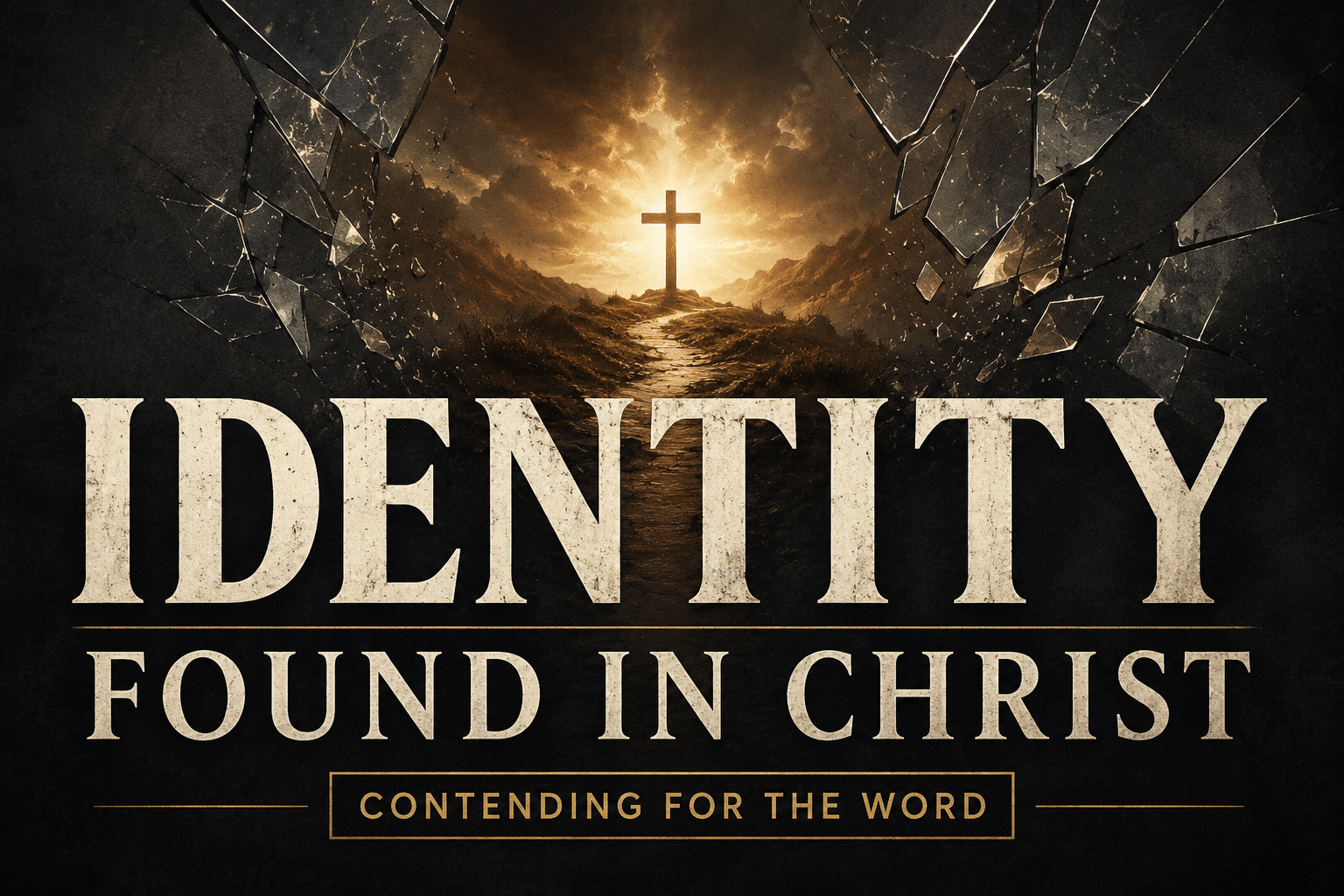 A podcast thumbnail featuring the words “IDENTITY FOUND IN CHRIST” in large cream serif lettering on a deep charcoal textured background. A bright golden light breaks through dark clouds, illuminating a cross silhouette in the distance. A narrow path leads toward the cross, symbolizing the believer's journey toward Christ. Faint fractured mirror shards fade along the sides of the image, representing broken identity being replaced by identity in Christ. A banner at the bottom reads “CONTENDING FOR THE WORD.” The overall design conveys hope, redemption, and the security of Christian identity. Identity found in Christ
