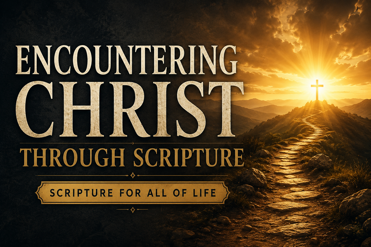 Article graphic for "Encountering Christ Through Daily Scripture Reading" featuring a winding path leading toward a distant cross illuminated by golden sunlight breaking through dark clouds, with the banner "Scripture for All of Life."
