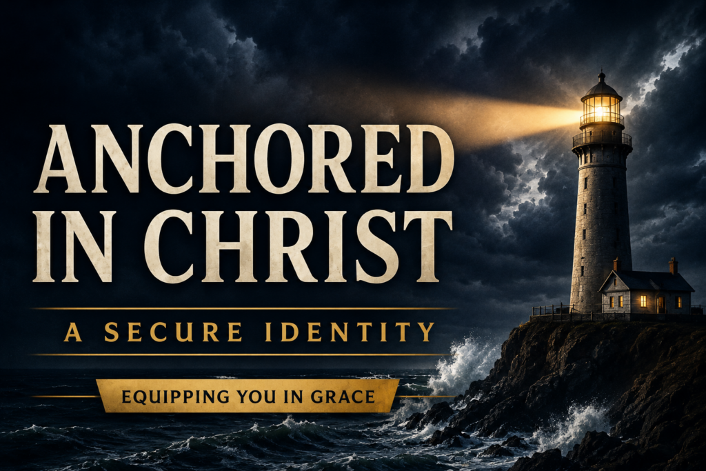 Podcast thumbnail for Equipping You in Grace featuring the title 'Anchored in Christ: A Secure Identity.' A lighthouse stands on a rocky coastline during a storm, shining a bright beam of light across dark ocean waves beneath dramatic clouds, symbolizing security, hope, and identity rooted in Christ.