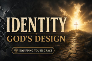 Equipping You in Grace podcast thumbnail featuring the words 'IDENTITY: GOD'S DESIGN' in large cream serif lettering over a dark charcoal background. A stone path leads toward a cross illuminated by brilliant golden light breaking through storm clouds, symbolizing identity rooted in God's design and the hope found in Christ
