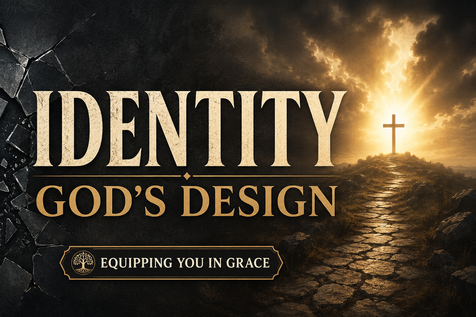 Equipping You in Grace podcast thumbnail featuring the words 'IDENTITY: GOD'S DESIGN' in large cream serif lettering over a dark charcoal background. A stone path leads toward a cross illuminated by brilliant golden light breaking through storm clouds, symbolizing identity rooted in God's design and the hope found in Christ